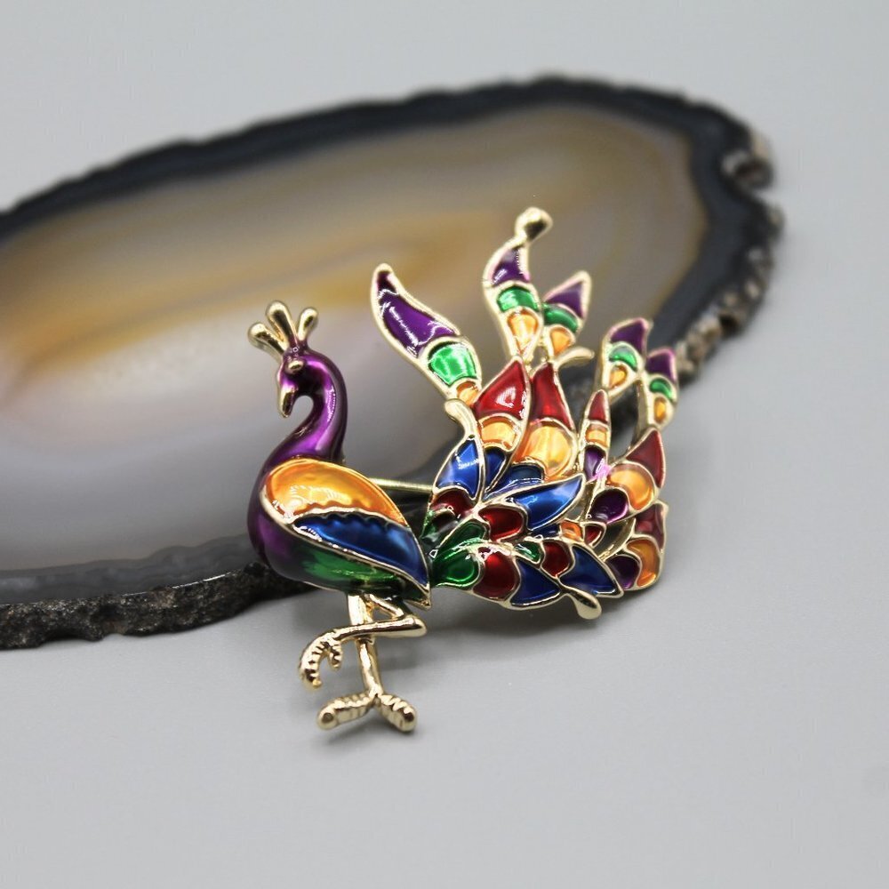 Peacock jewelry pin brooch elegant colorful yellow gold tone brand new beautiful